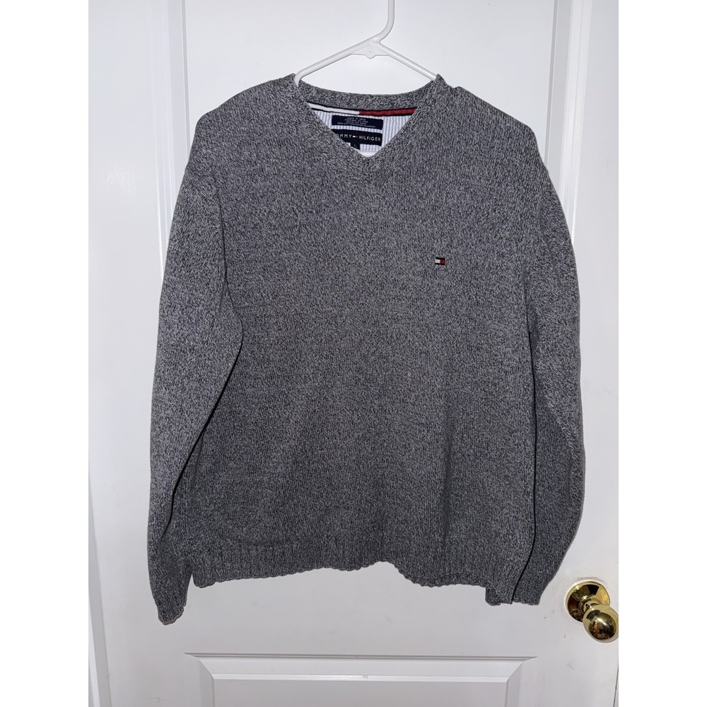 Vintage Tommy‎ Hilfiger Mens Size Large Thick Sweater Logo Gray  V Neck Cotton